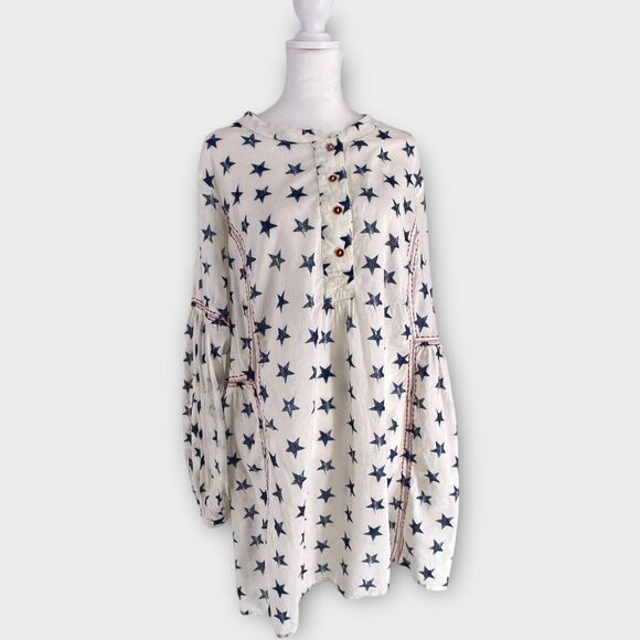 Lane Bryant Embroidered Cream Blue Red Stars Patriotic USA Popover Tunic 22/24 - Picture 1 of 9